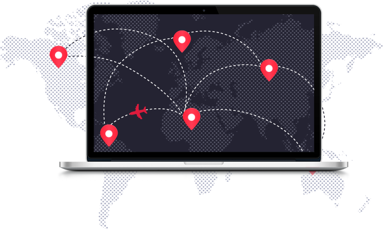 Laptop displaying a global map with red location pins, flight paths, and an airplane icon, representing global logistics