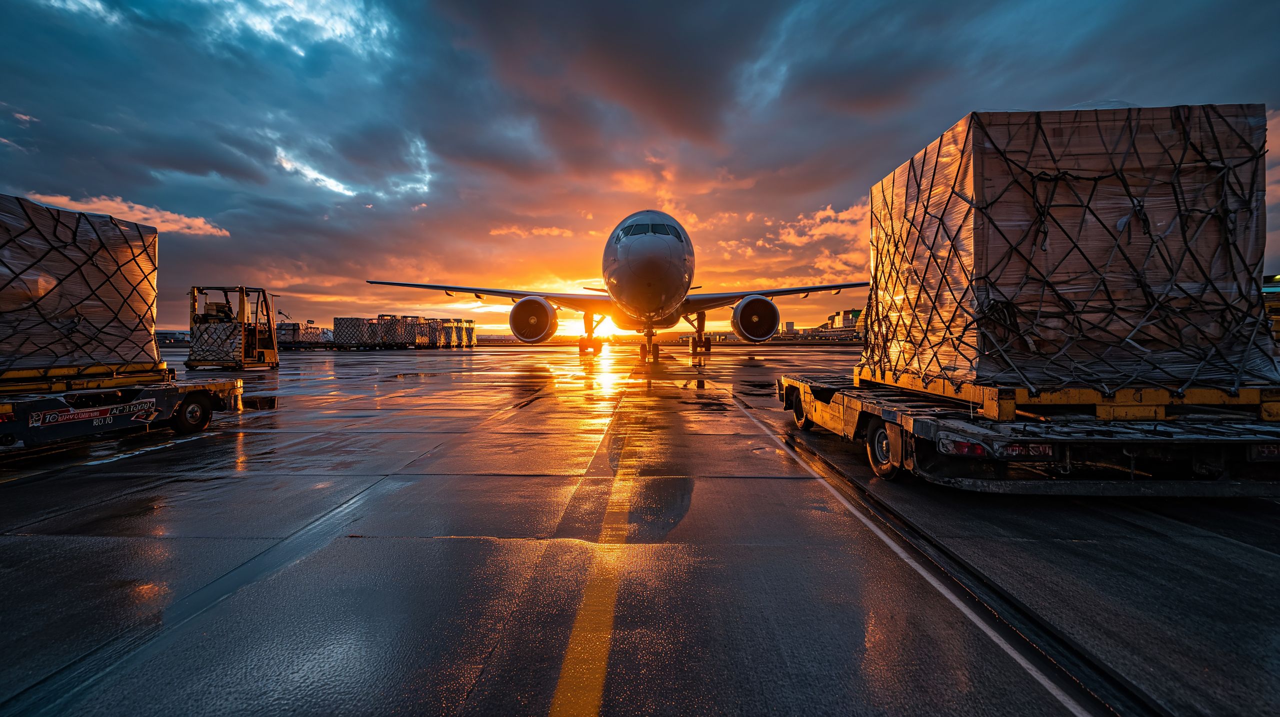 international air transportation, cargo, aircraft and airport Cargo plane on a wet airport tarmac at sunrise, surrounded by pallets of freight.