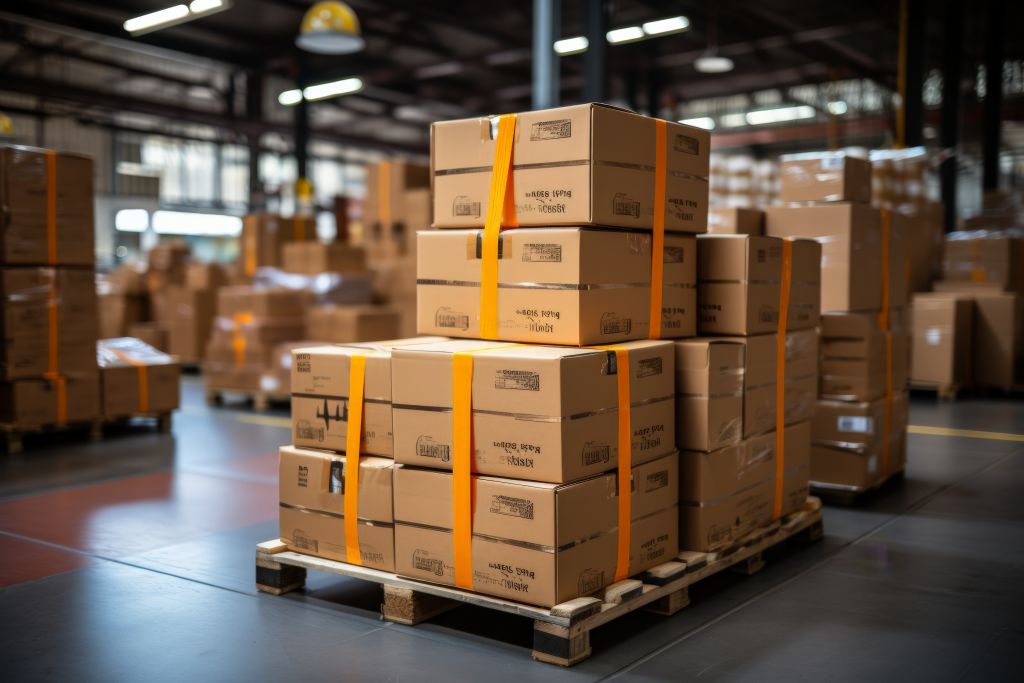 Stacked cardboard boxes on a wooden pallet inside a warehouse.