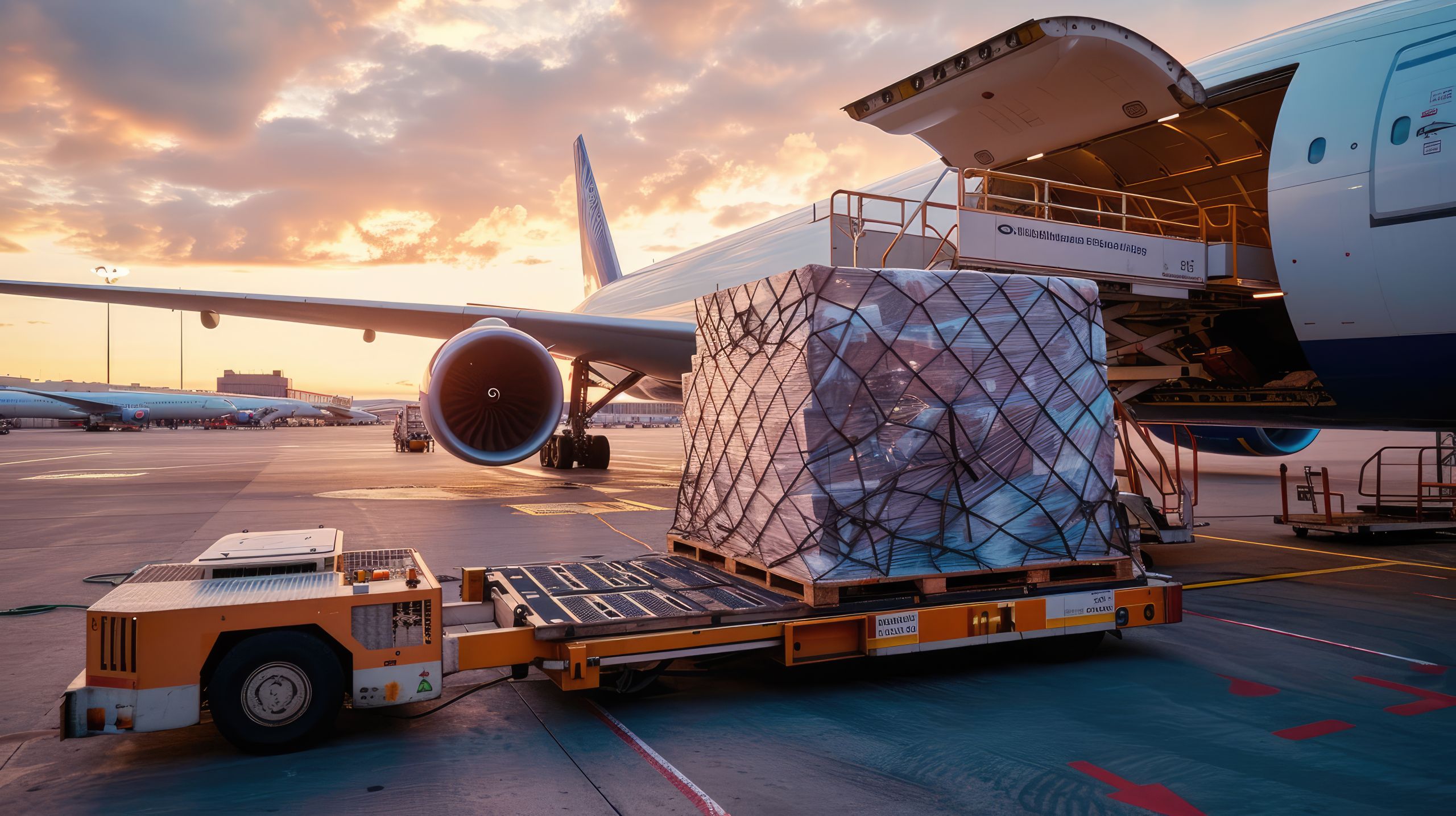 Pallet of cargo being loaded into an airplane at an airport during sunset.