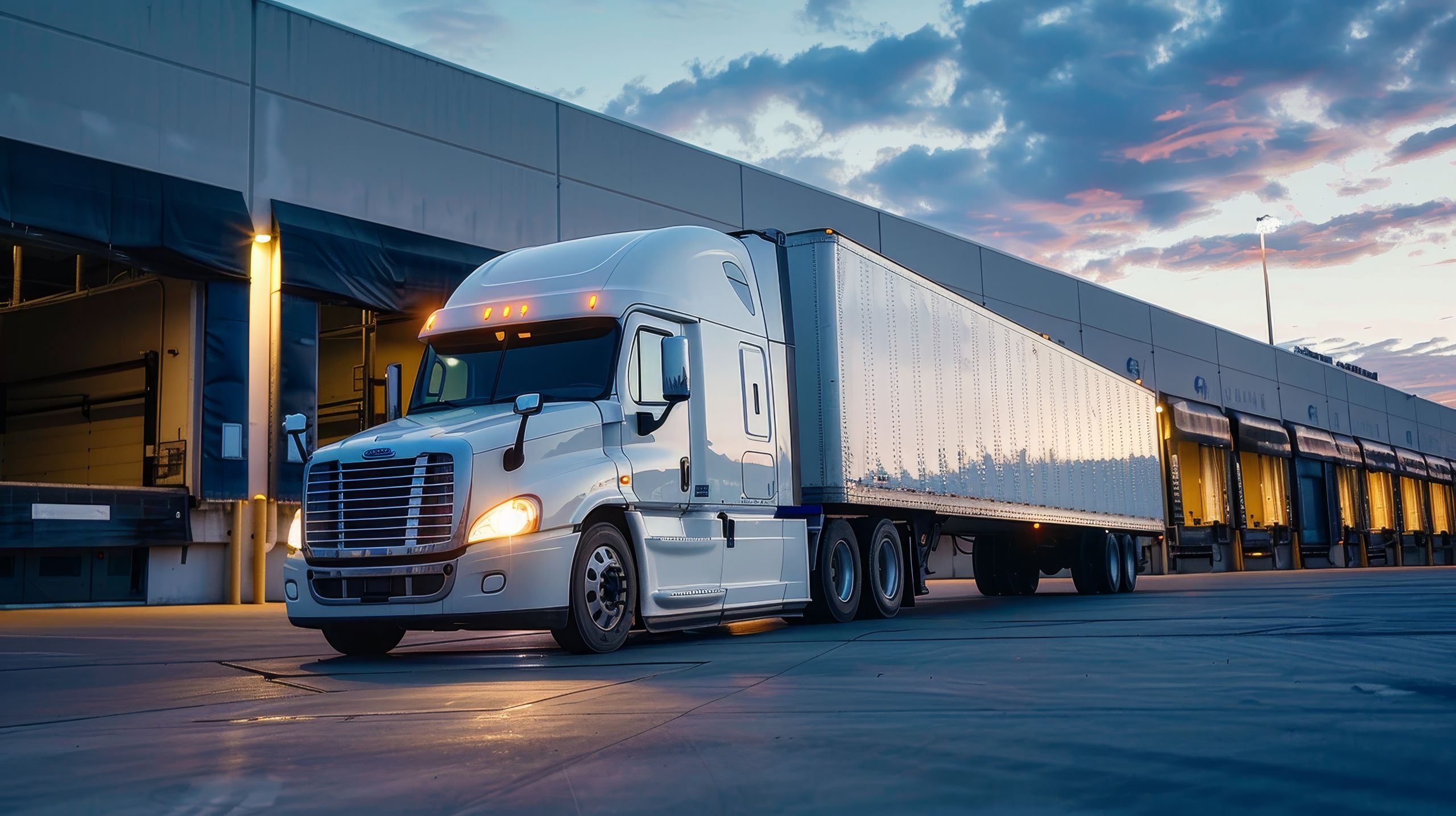 White semi-truck parked at a loading dock during dusk with warehouse doors in the background.
