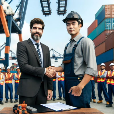 Business Agreement at a Container Port Businessman and dock worker shaking hands at a shipping port with containers and crew in the background.