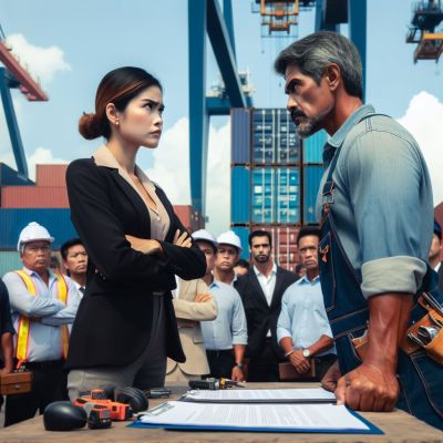 Business Negotiation Standoff at shipping container port Woman in business attire and male dock worker face off at a shipping port, surrounded by serious onlookers.