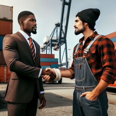 Labor Stike Ended Businessman and dock worker shaking hands at a shipping yard with containers and cranes in the background.