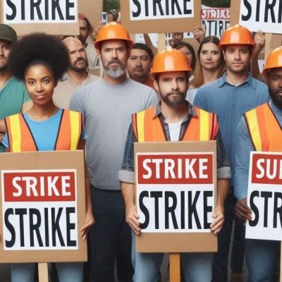 Labor Strike Group of workers holding “Strike” signs during a protest, with some wearing safety vests and helmets.